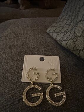 Source Unknown Gold and Clear Crystal Double G Drop Earrings